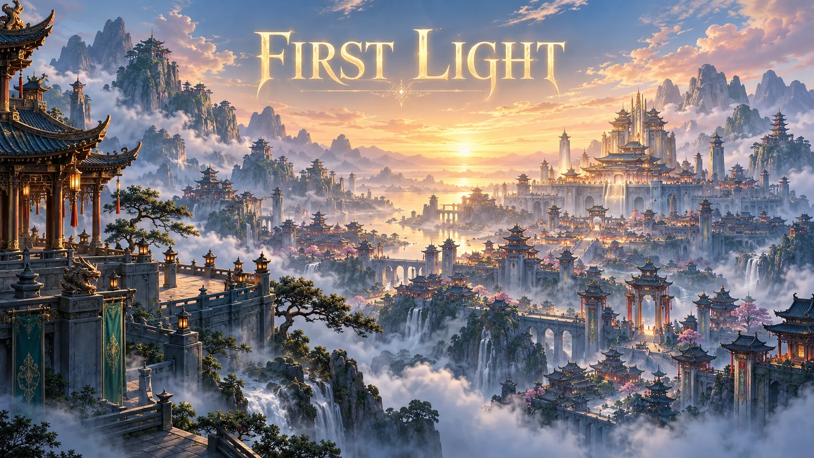First Light above a great ancient city at sunrise