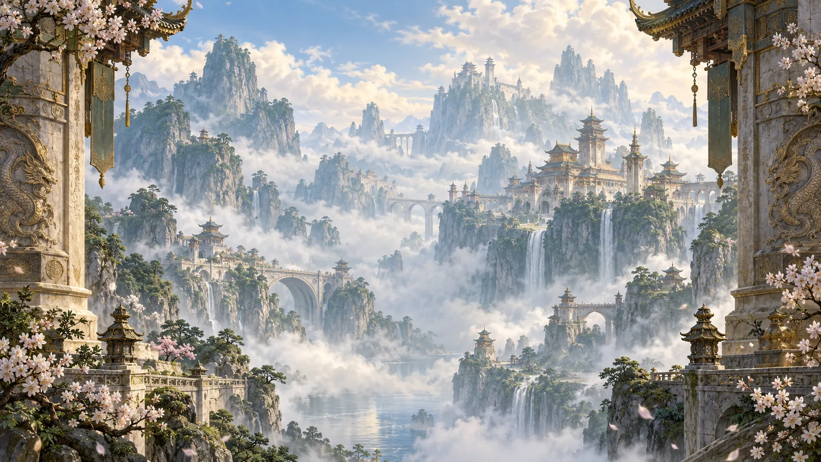 Stone gateway overlooking a misty mountain city